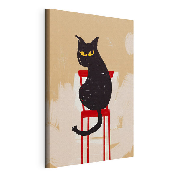 Wandbilder Schwarze Katze sitzt auf einem roten Stuhl