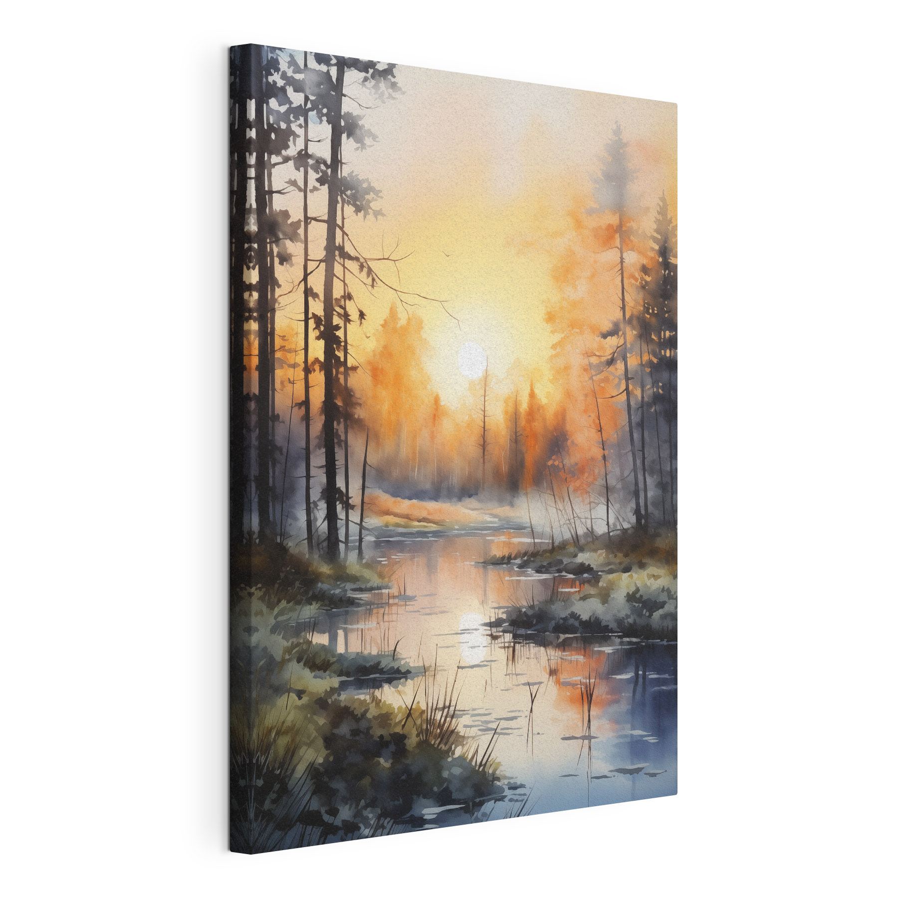Watercolor painting of a river with trees and plants