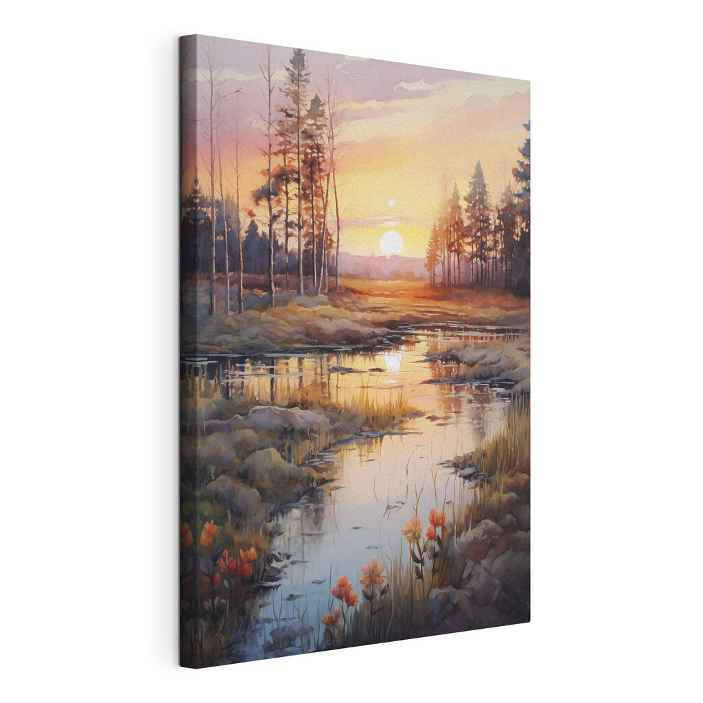 Watercolor painting of a river with trees and a sunset Watercolor painting of a river with trees and a sunset