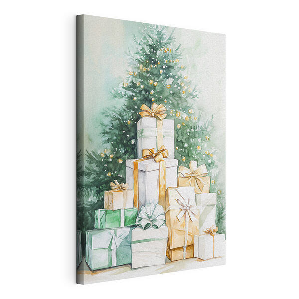 Wandbilder Aquarell von Geschenken unter einem Baum