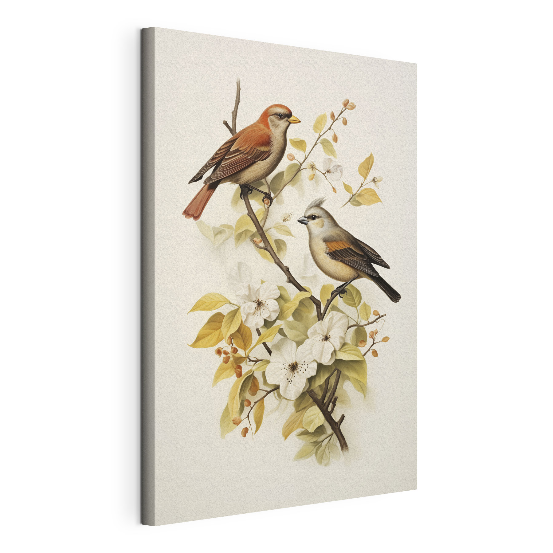 Two birds on a branch with flowers