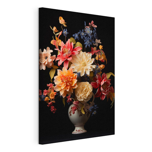 Wandbilder Vase mit Blumen auf schwarzem Hintergrund