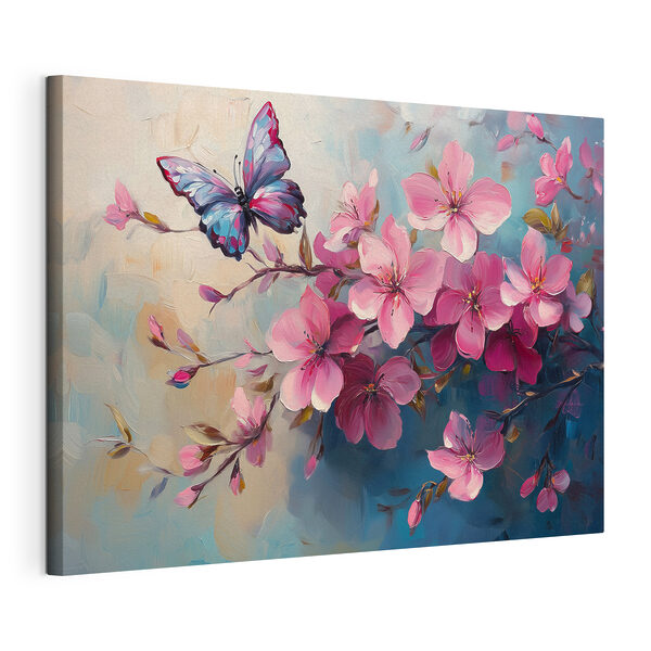 Wandbilder Schmetterling auf einem Zweig mit rosa Blüten