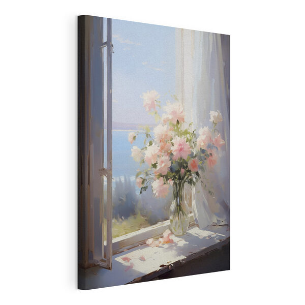 Wandbilder Vase mit Blumen vor einem Fenster