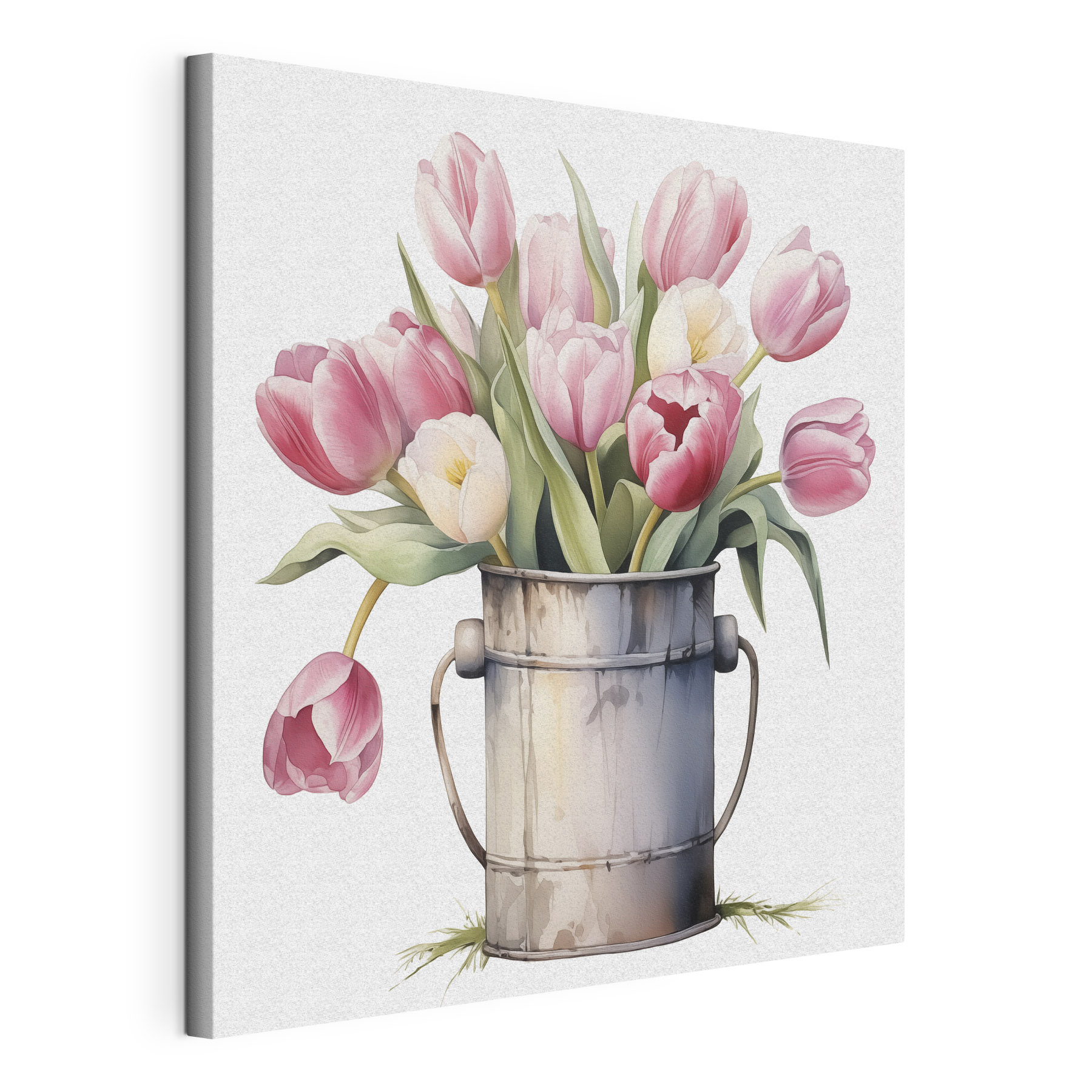 Painting of pink tulips in a metal bucket Painting of pink tulips in a metal bucket