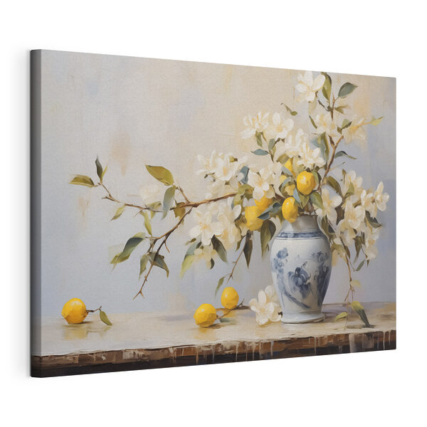 Wandbilder Gemälde einer Vase mit Blumen und Zitronen
