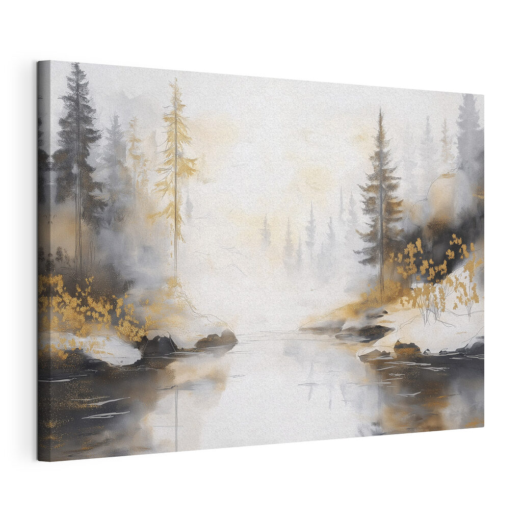 Watercolor painting of a river with trees and fog