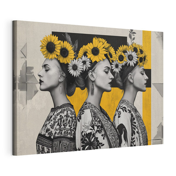 Gruppe von Frauen mit Sonnenblumen in ihren Haaren Wandbilder Gruppe von Frauen mit Sonnenblumen in ihren Haaren