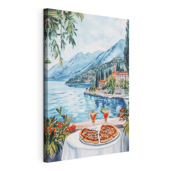 Wandbilder Aquarellmalerei eines Tisches mit Essen und einem See im Hintergrund