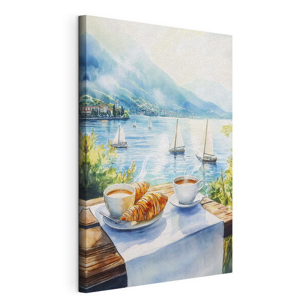 Wandbilder Aquarellmalerei eines Tisches mit Kaffee und Croissants darauf