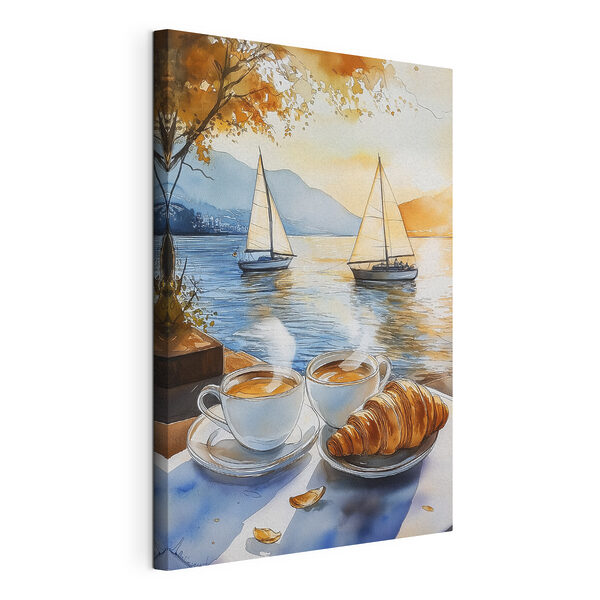 Aquarell von zwei Tassen Kaffee und einem Croissant auf einem Tisch Wandbilder Aquarell von zwei Tassen Kaffee und einem Croissant auf einem Tisch