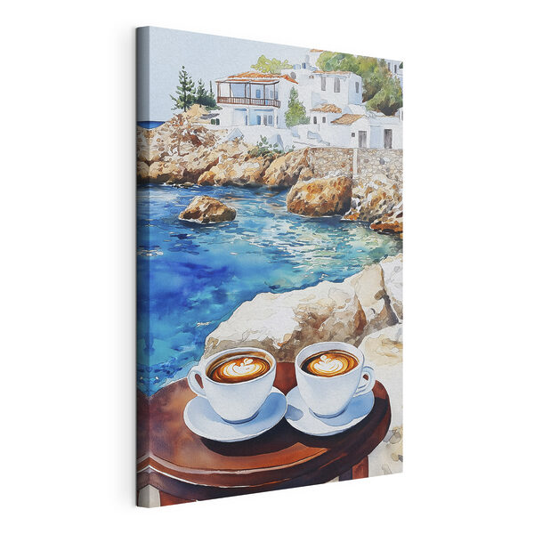 Wandbilder Zwei Tassen Kaffee auf einem Tisch neben einer Wasserfläche