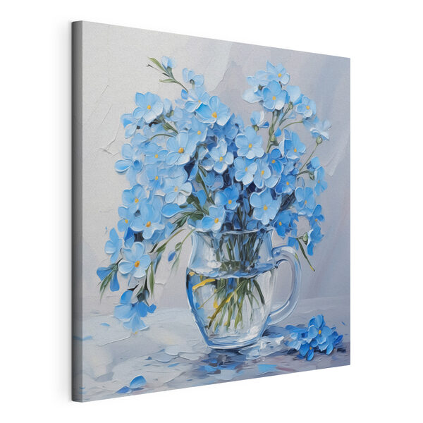 Wandbilder Gemälde mit blauen Blumen in einer Glasvase