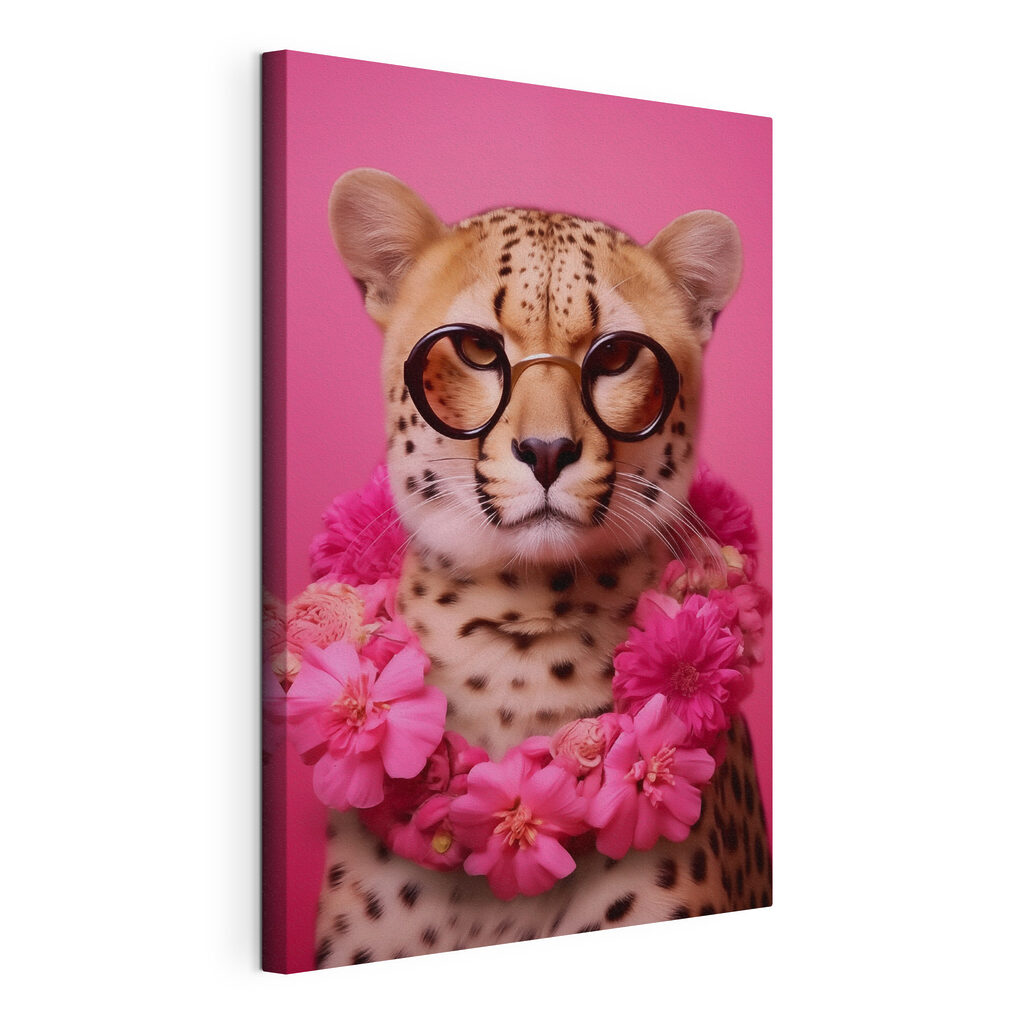 Leopard wearing glasses and a necklace of flowers Leopard wearing glasses and a necklace of flowers