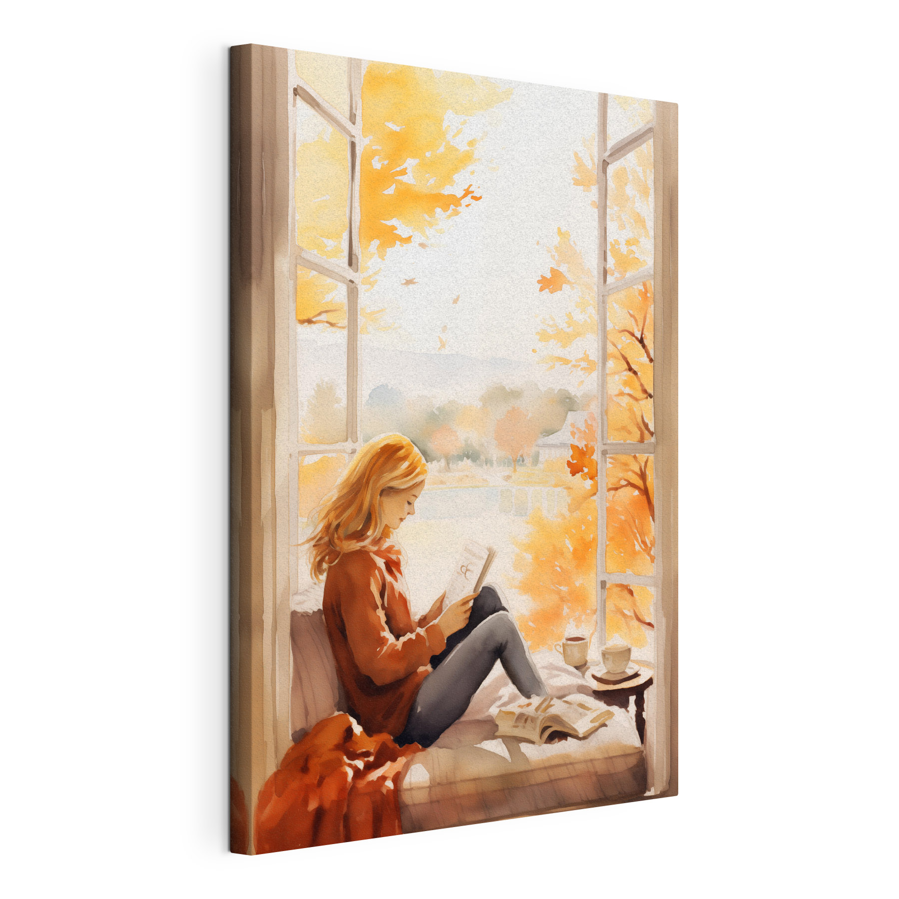 Woman sitting on a window sill reading a book