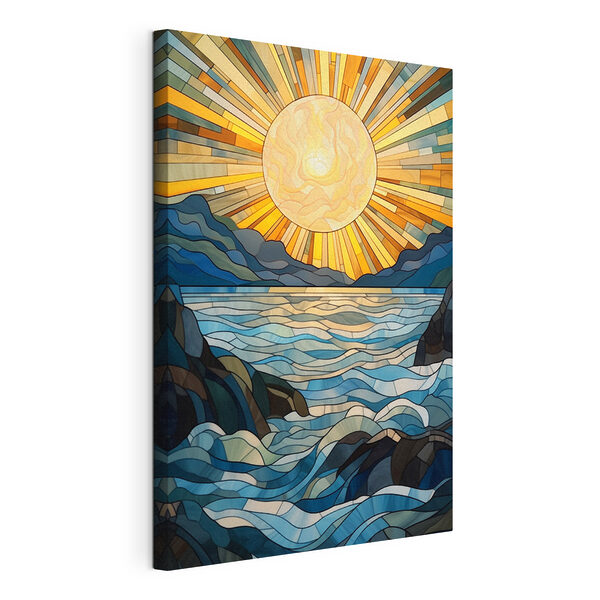 Stained glass window with a sun over a river Stained glass window with a sun over a river
