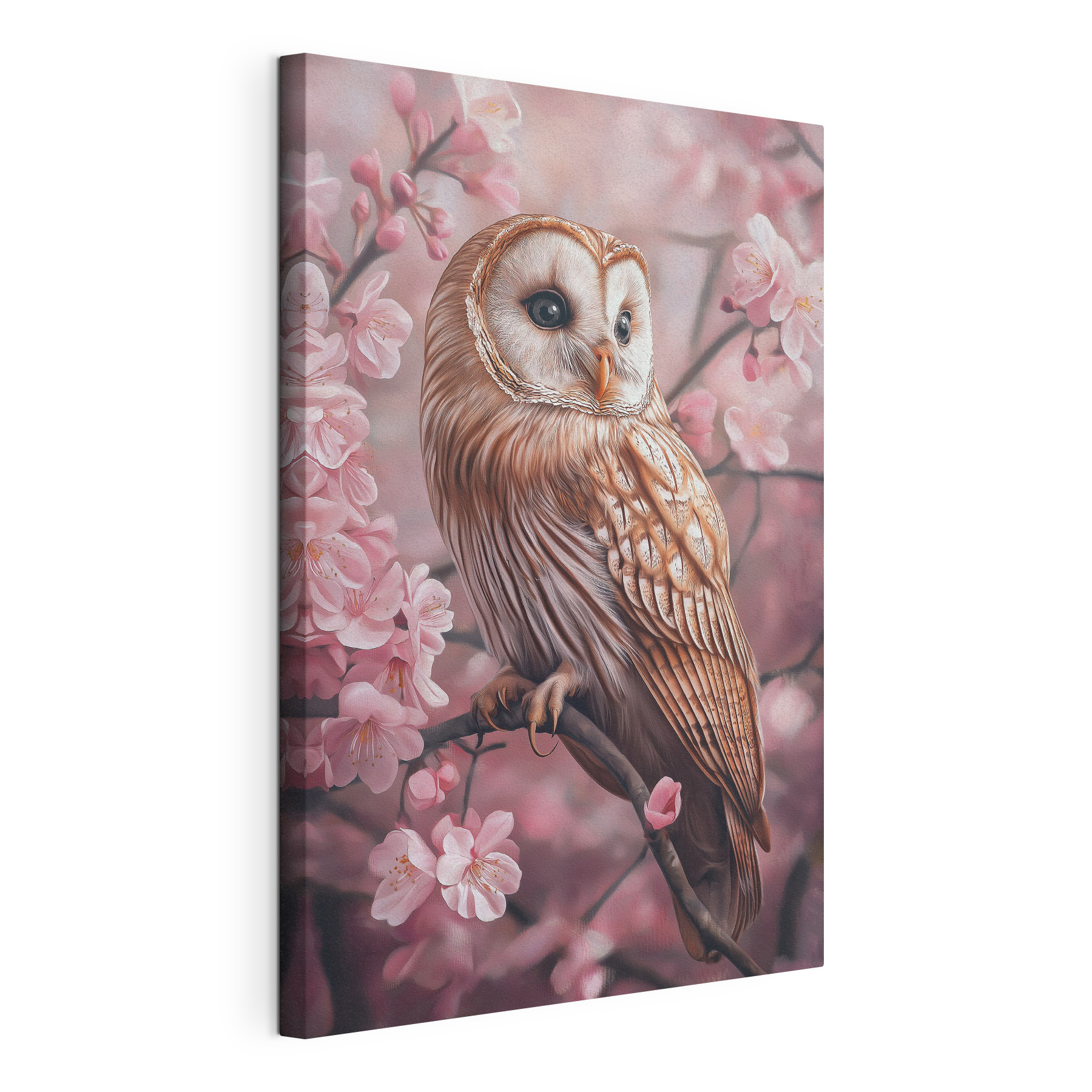 Owl sitting on a branch with pink flowers Owl sitting on a branch with pink flowers