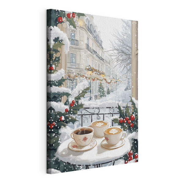 Wandbilder Ein paar Tassen Kaffee auf einem Balkon mit Schnee und Gebäuden
