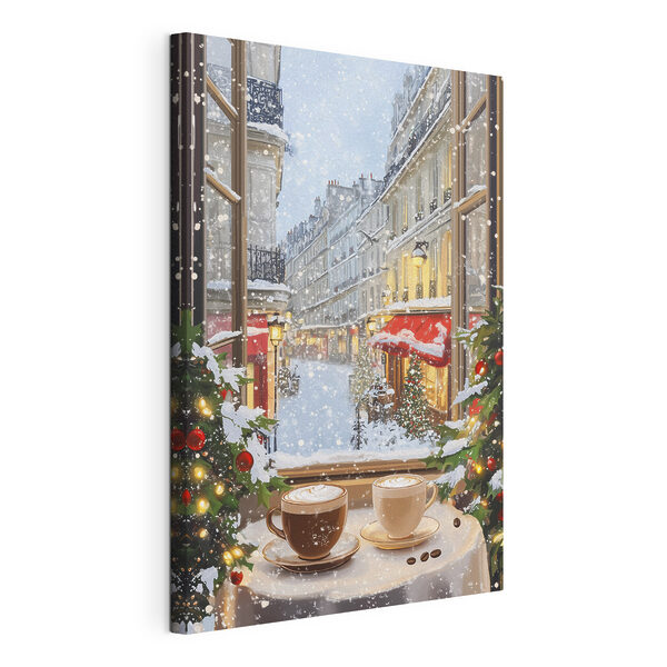 Fenster mit zwei Tassen Kaffee und Bäumen vor einer Straße Wandbilder Fenster mit zwei Tassen Kaffee und Bäumen vor einer Straße