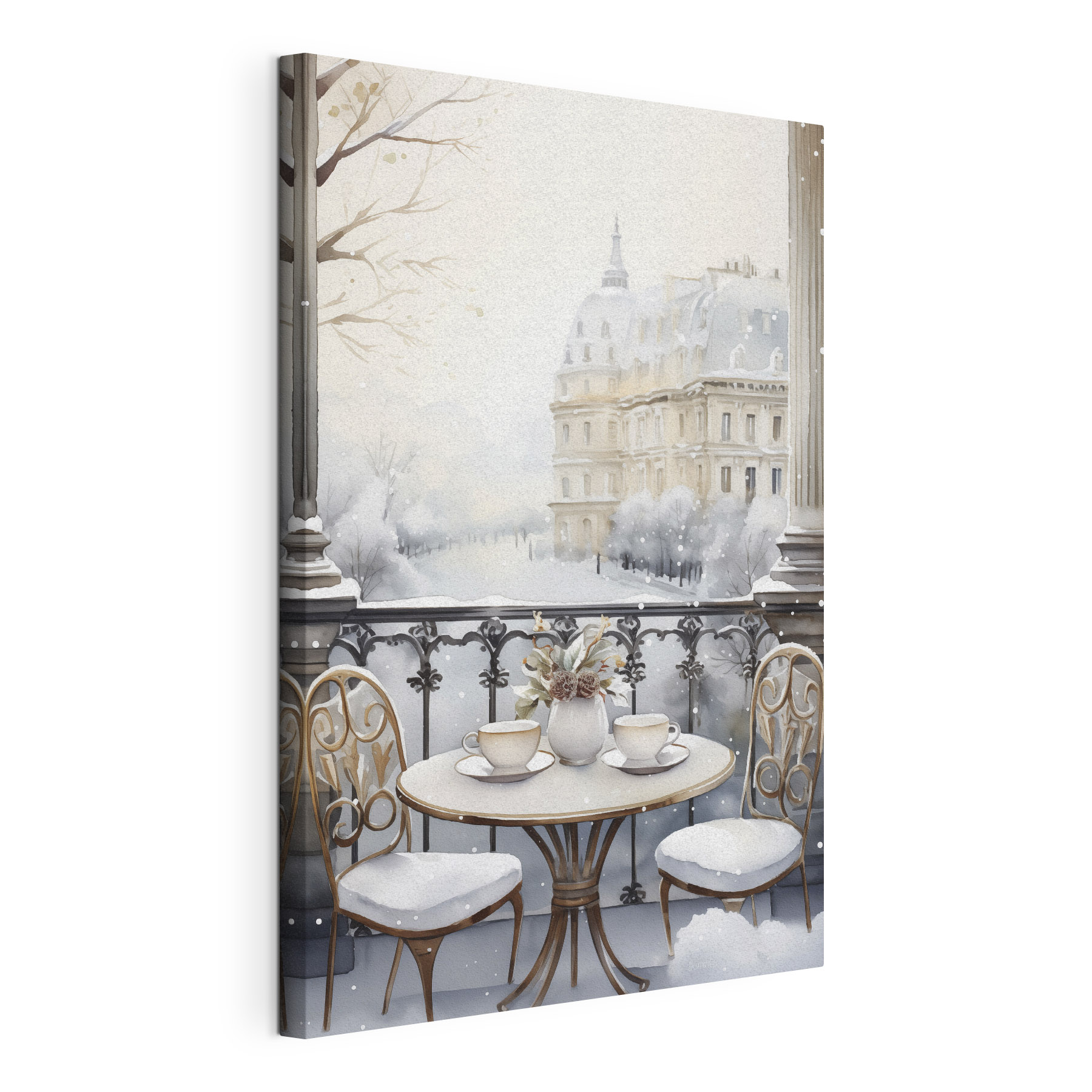 Table with cups and a vase of flowers on it with a snowy landscape Table with cups and a vase of flowers on it with a snowy landscape