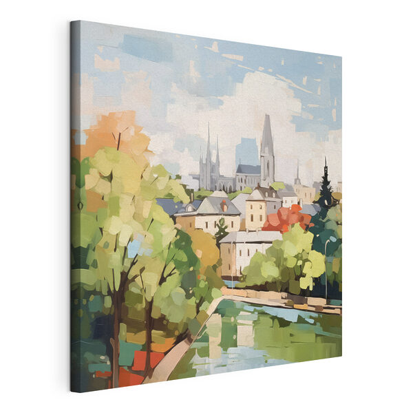 Wandbilder Gemälde einer Stadt mit Bäumen und einem Fluss