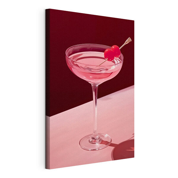 Wandbilder Glas mit rosa Flüssigkeit und zwei Kirschen darauf