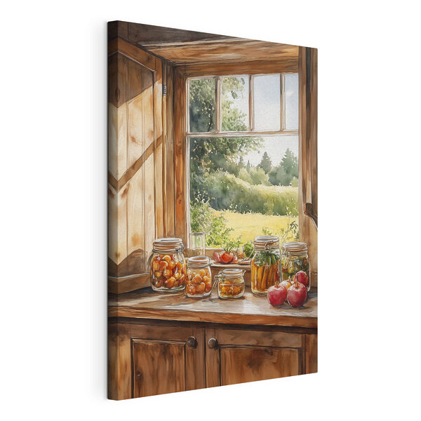 Wandbilder Aquarell von Gläsern mit Lebensmitteln auf einer Fensterbank