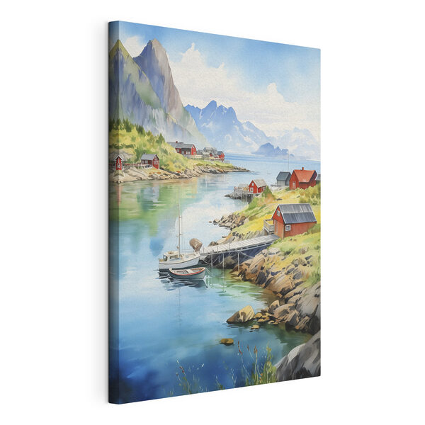 Aquarell eines Flusses mit einem Boot und Häusern auf dem Fluss Wandbilder Aquarell eines Flusses mit einem Boot und Häusern auf dem Fluss