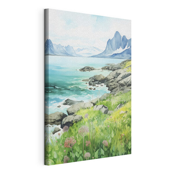 Watercolor painting of a rocky shore with mountains and a blue sky Watercolor painting of a rocky shore with mountains and a blue sky