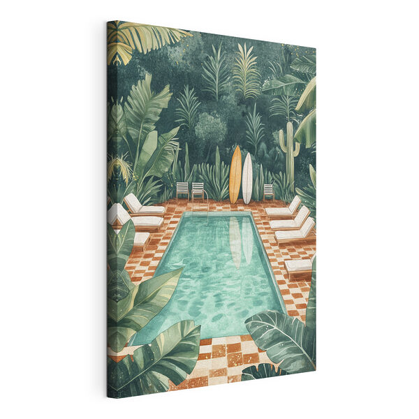 Wandbilder Pool mit Stühlen und Surfbrettern in der Mitte