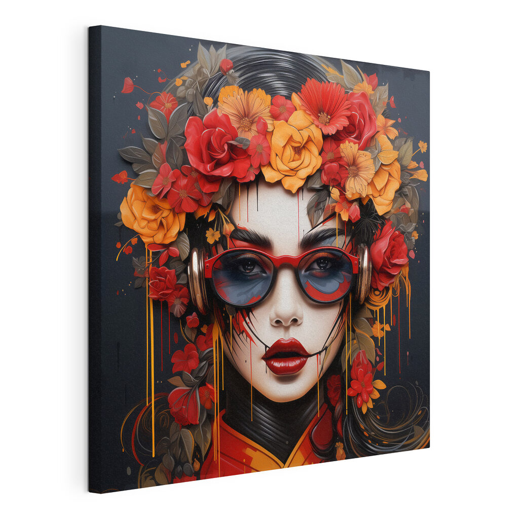 Woman with flowers in her hair and glasses