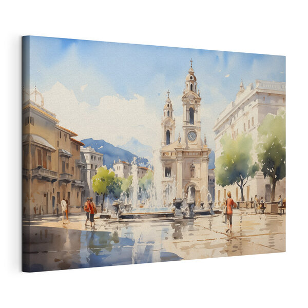 Aquarell eines Gebäudes mit einem Springbrunnen davor Wandbilder Aquarell eines Gebäudes mit einem Springbrunnen davor