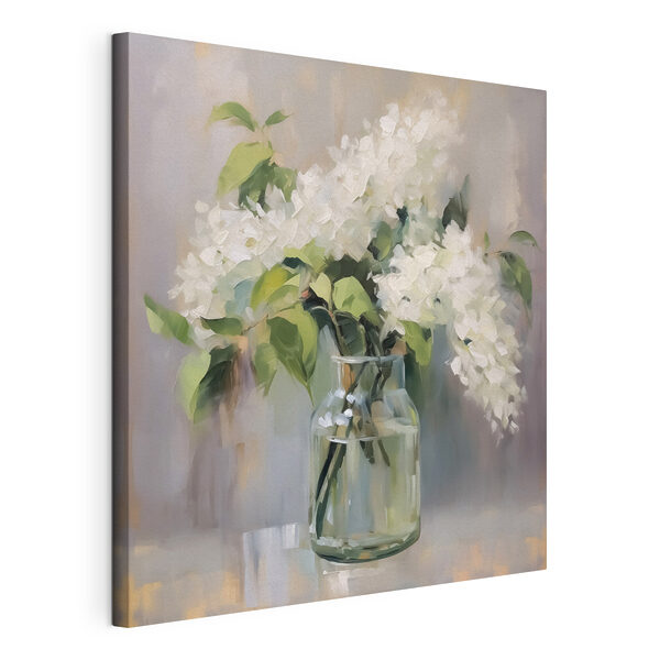 Wandbilder Gemälde eines Blumenstraußes aus weißen Blumen in einem Glasgefäß