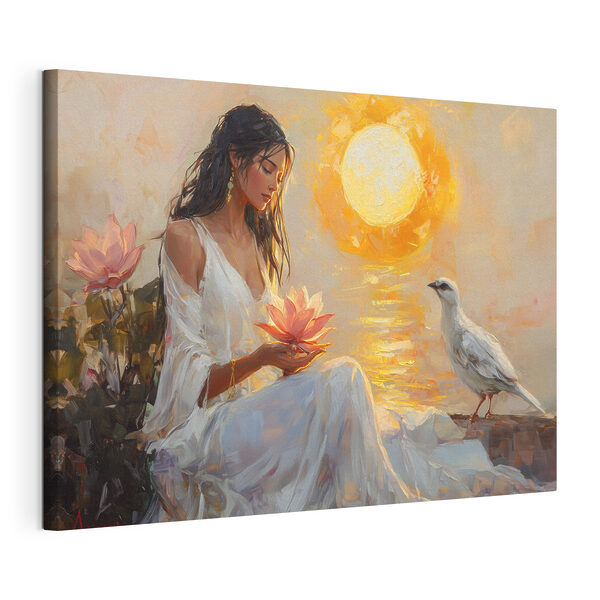 Gemälde einer Frau, die eine Blume und einen Vogel hält Wandbilder Gemälde einer Frau, die eine Blume und einen Vogel hält