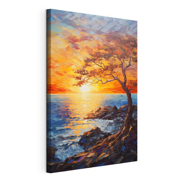 Baum am felsigen Ufer mit Sonnenuntergang im Hintergrund Wandbilder Baum am felsigen Ufer mit Sonnenuntergang im Hintergrund