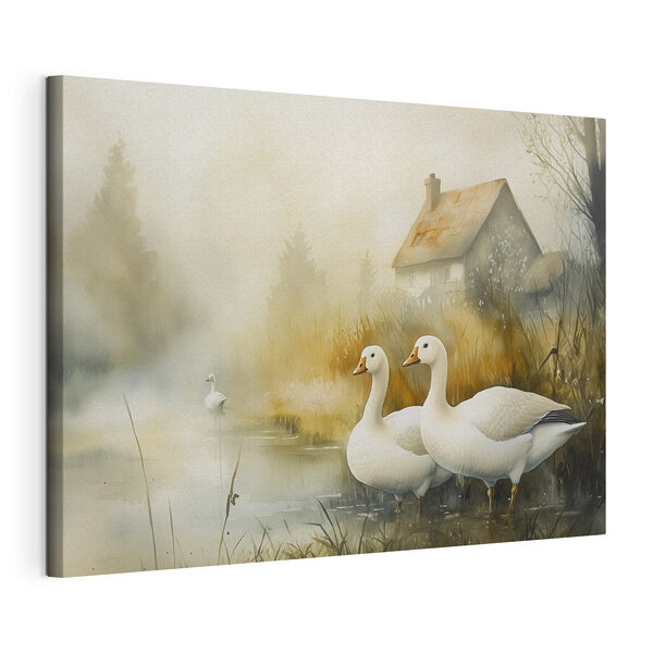 Wandbilder Aquarellmalerei von Gänsen in einem Teich