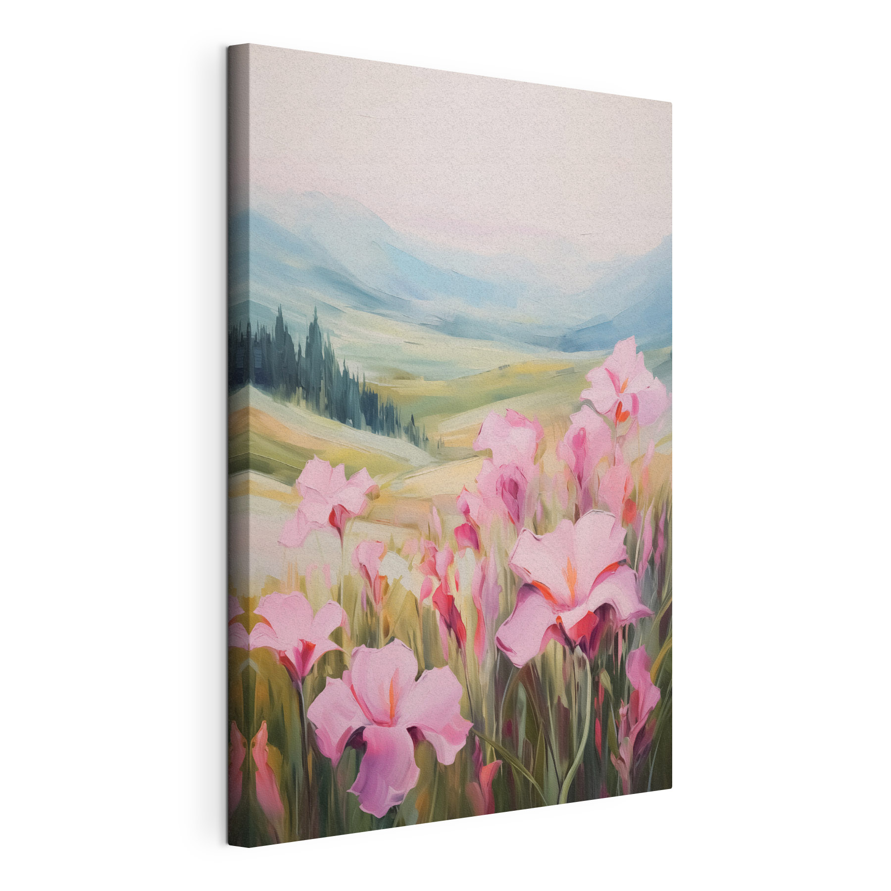 Painting of pink flowers in a field Painting of pink flowers in a field
