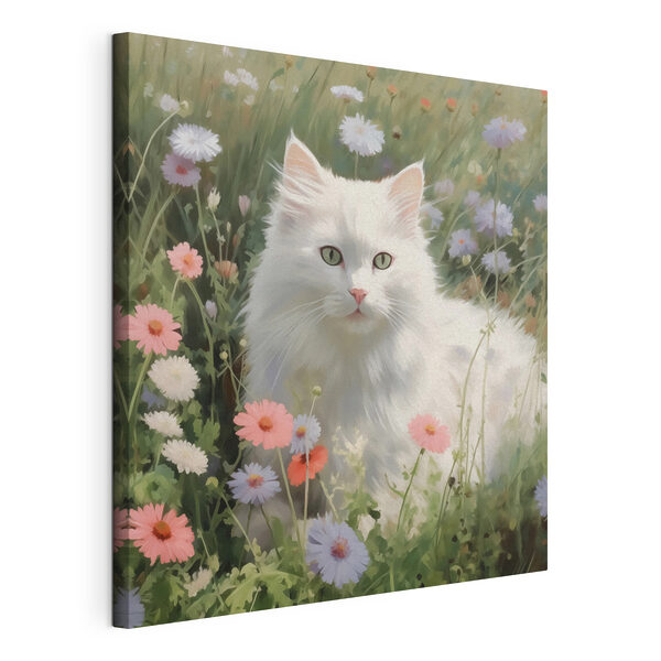 Weiße Katze in einem Blumenfeld Wandbilder Weiße Katze in einem Blumenfeld