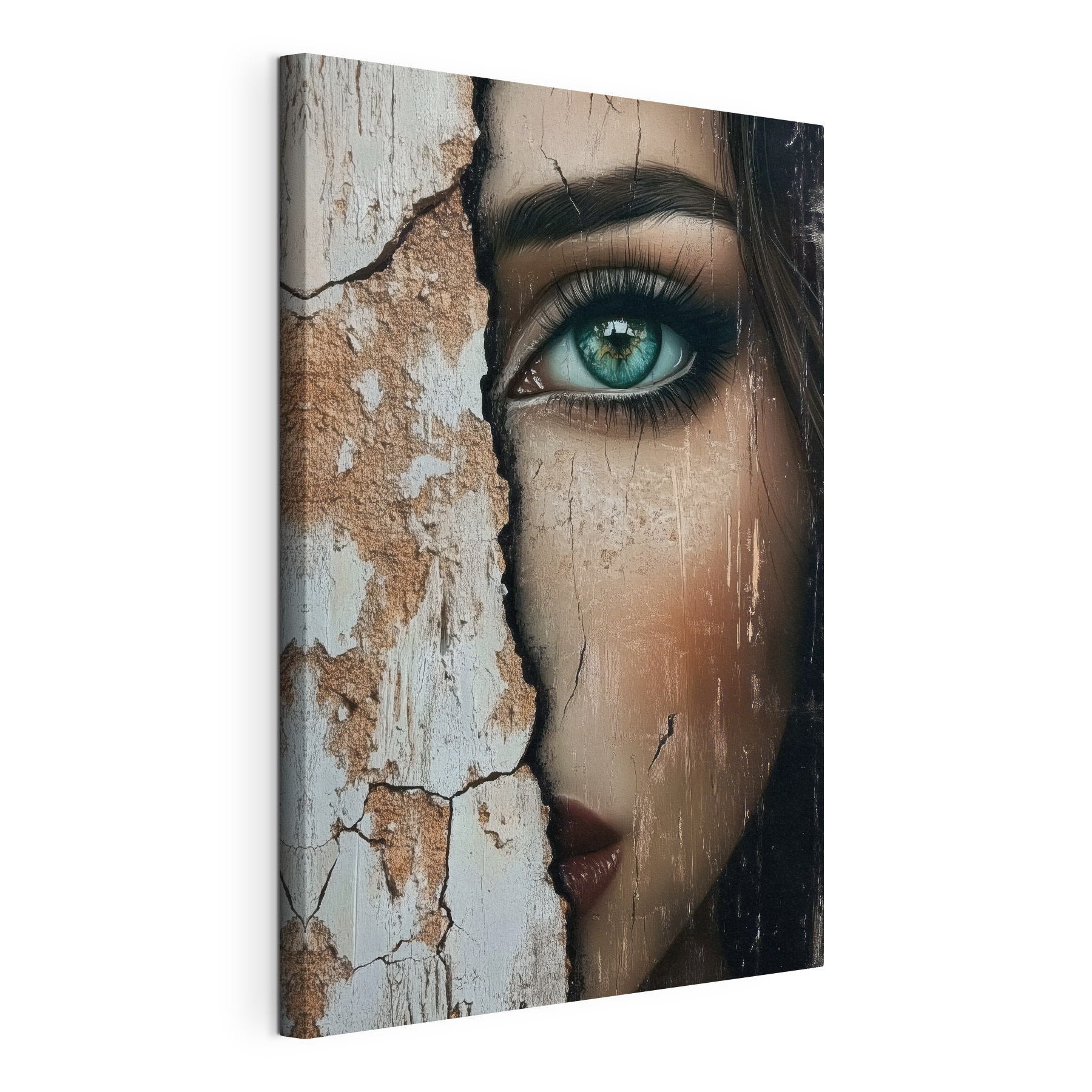 Woman's face with a cracked wall