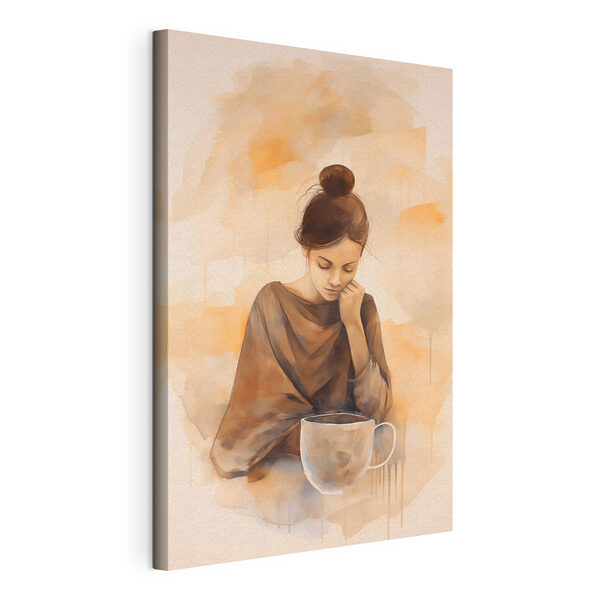 Frau mit der Hand im Gesicht, die auf eine Tasse Kaffee hinunterschaut Wandbilder Frau mit der Hand im Gesicht, die auf eine Tasse Kaffee hinunterschaut