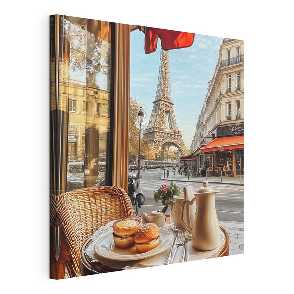 Wandbilder Tisch mit Essen darauf und ein Tisch mit einem Turm im Hintergrund