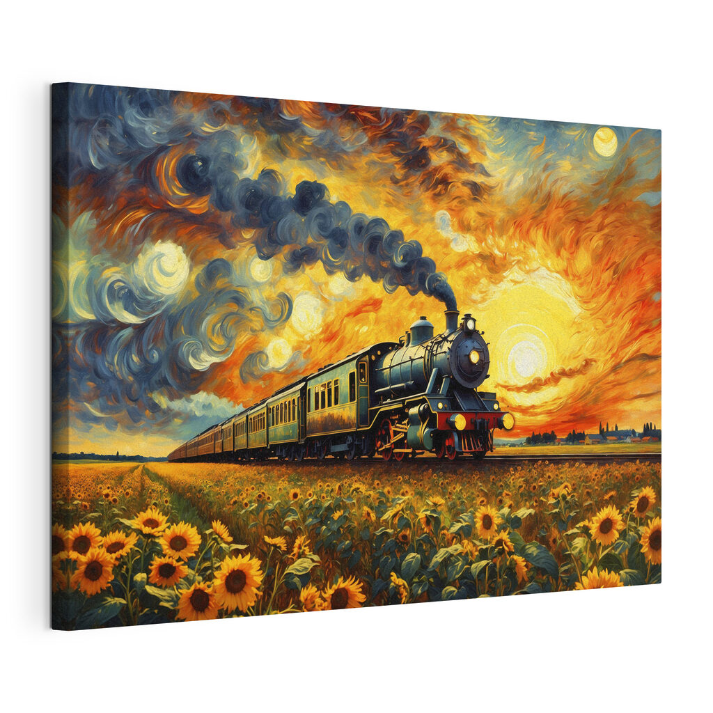 Train on the tracks with sunflowers and smoke coming out of the engine Train on the tracks with sunflowers and smoke coming out of the engine