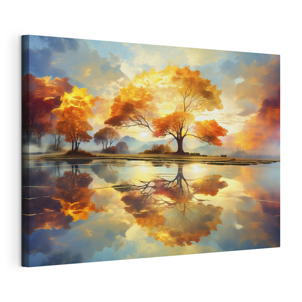Tree with yellow leaves on the ground and a body of water