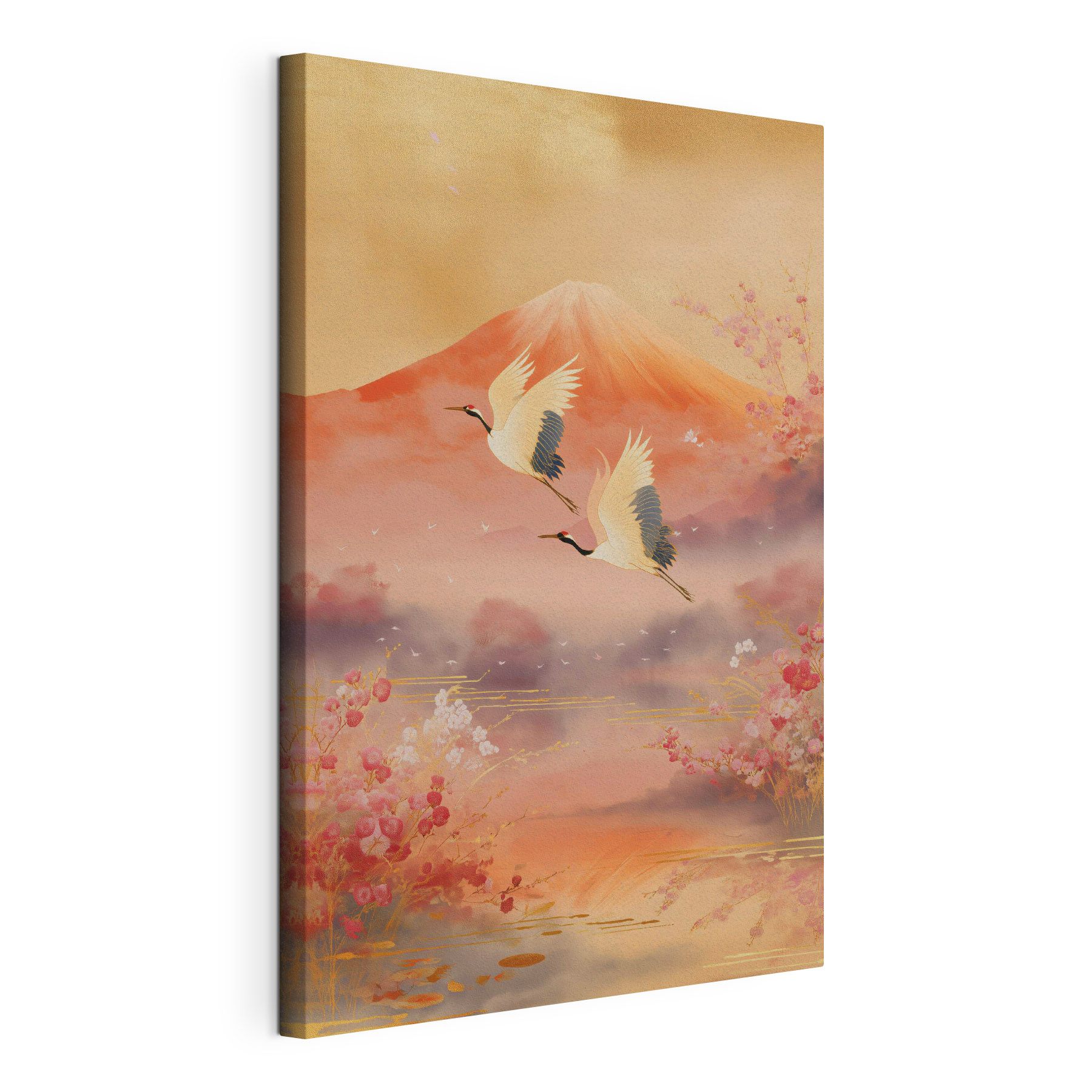 Painting of birds flying over a mountain Painting of birds flying over a mountain