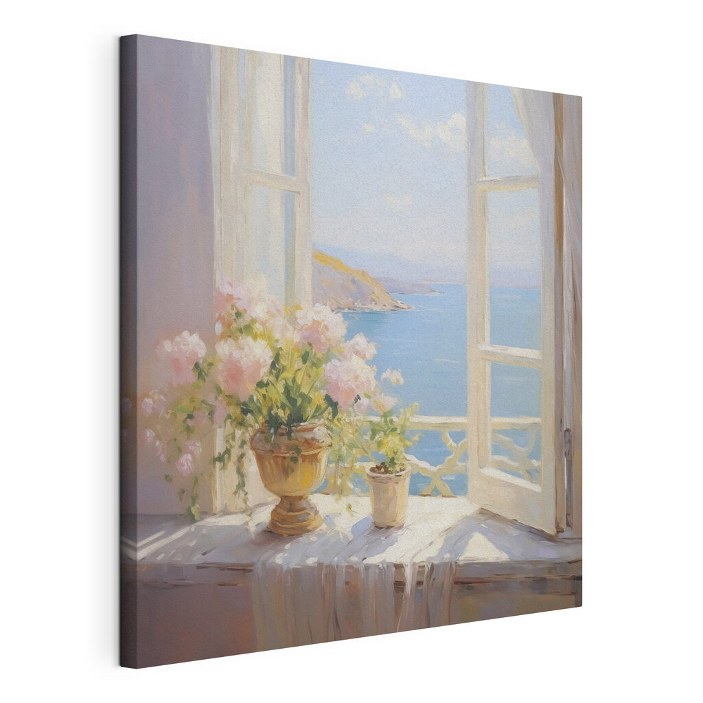 Painting of flowers on a window sill