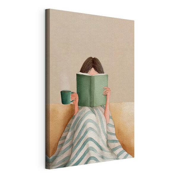 Wandbilder Frau, die ein Buch liest und eine Tasse in der Hand hält