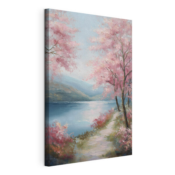 Wandbilder Gemälde eines Sees mit rosa Bäumen und Bergen (Artikelnummer: s48289) Wandbilder Wandbilder Gemälde eines Sees mit rosa Bäumen und Bergen (Artikelnummer: s48289)