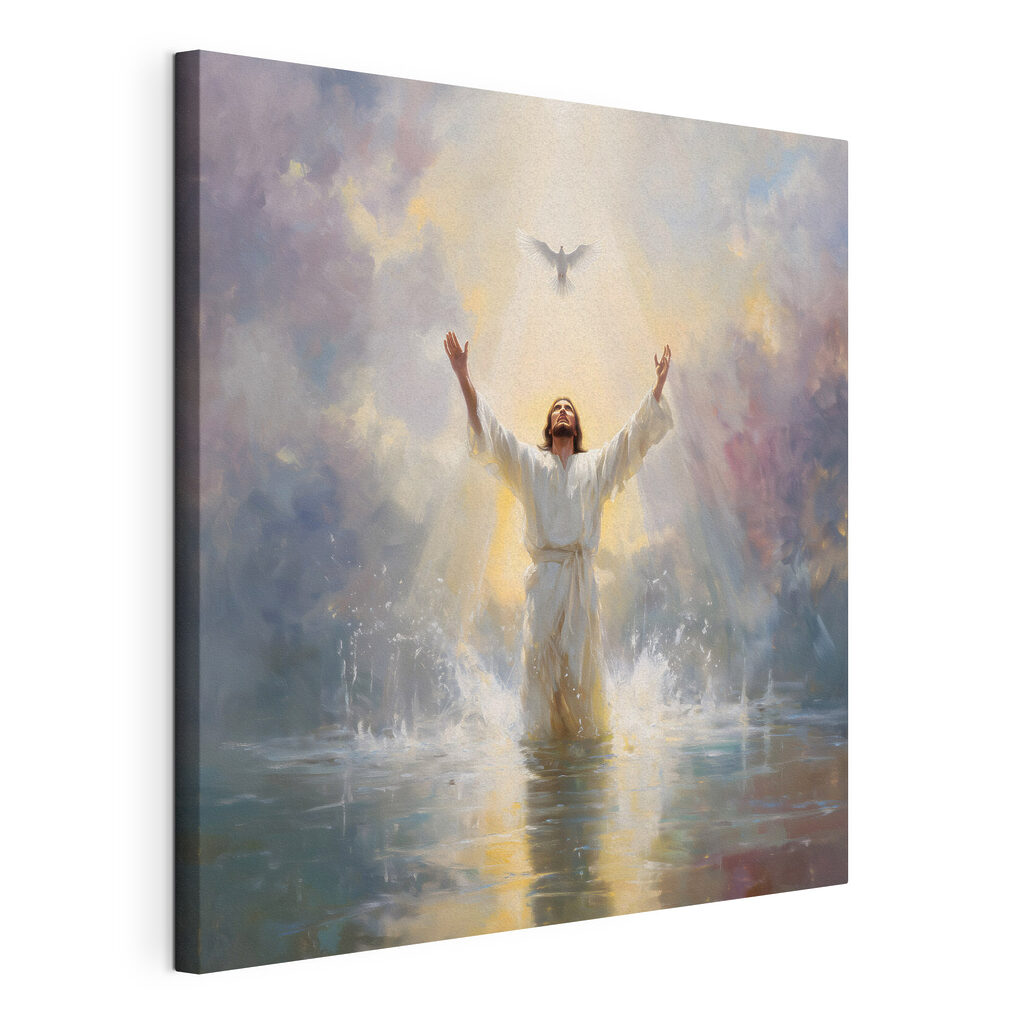 Man in white robe standing in water with arms outstretched Man in white robe standing in water with arms outstretched