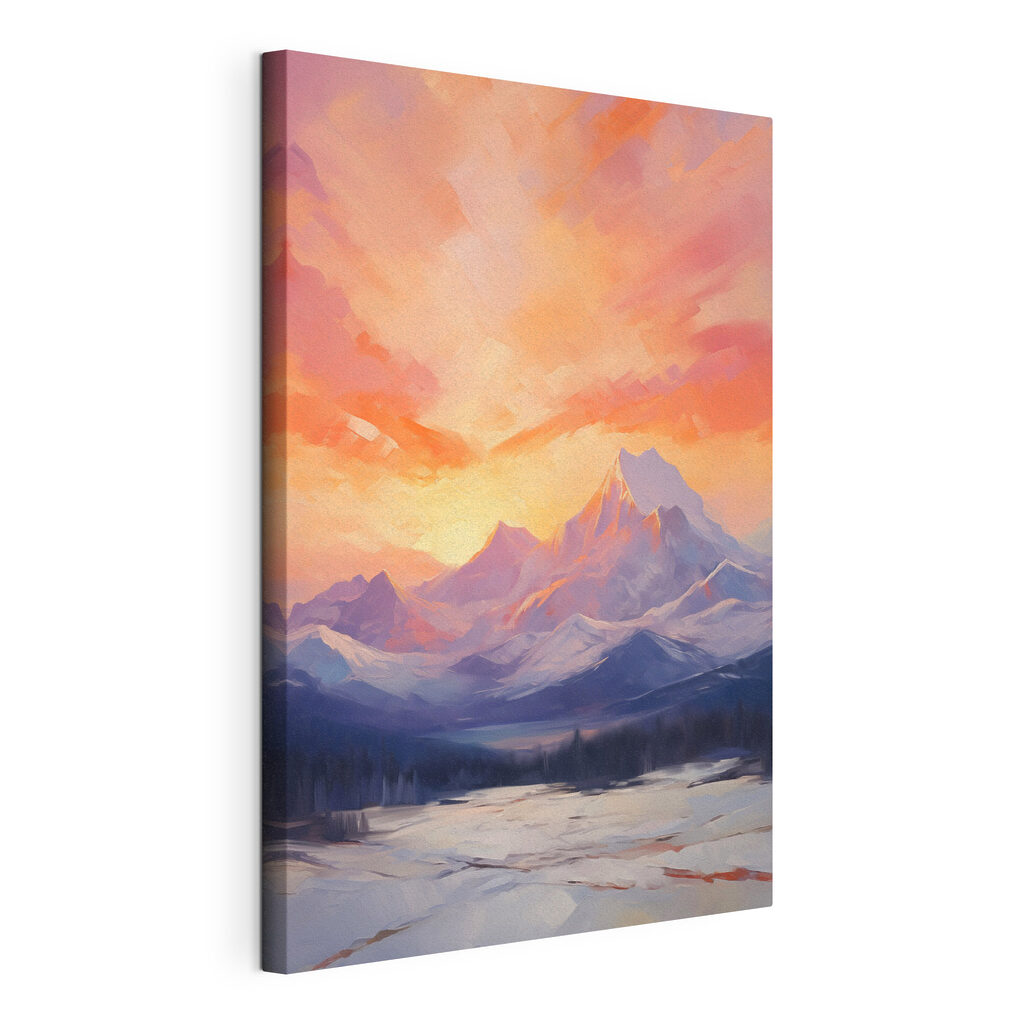 Painting of a mountain range with a lake and trees
