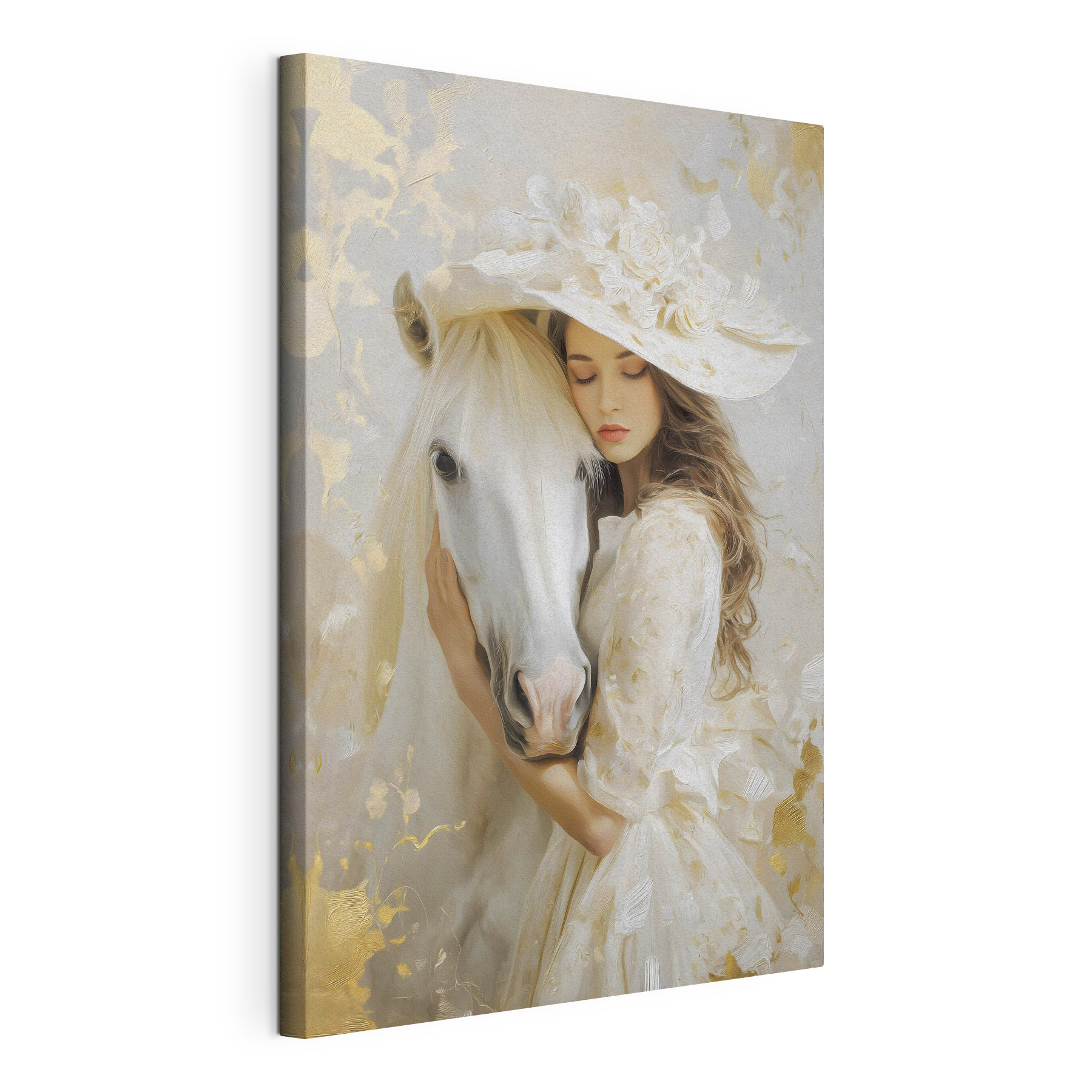 Woman in a white dress and hat hugging a horse Woman in a white dress and hat hugging a horse